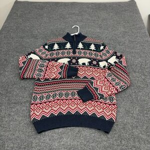 Aspen Sweater Mens L Navy Blue Cotton Polar Bear Fair Isle‎ Quarter Zip Festive